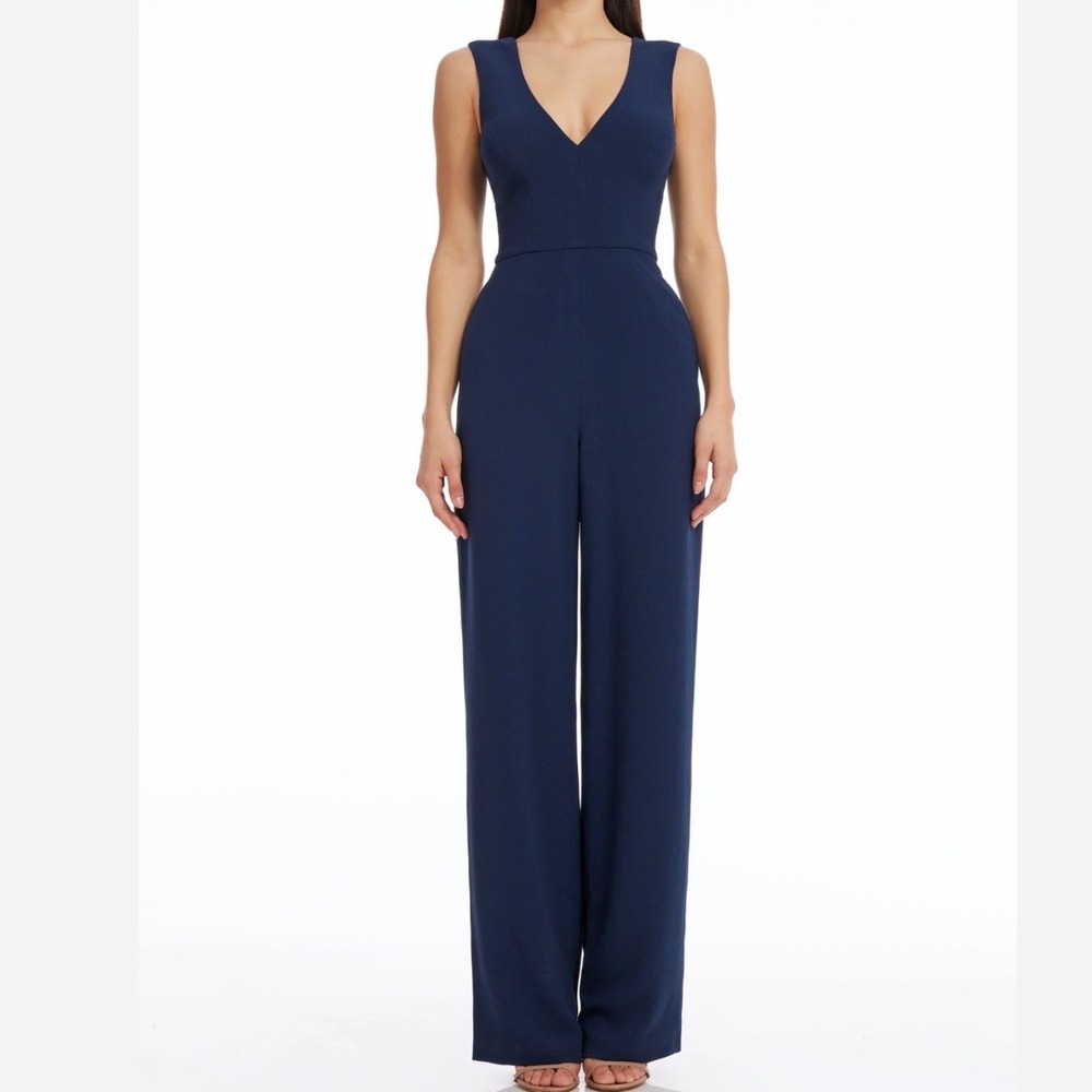 Dress the Population Sandra‎ Navy Blue V-Neck Wide Leg Jumpsuit Womens Small NEW
